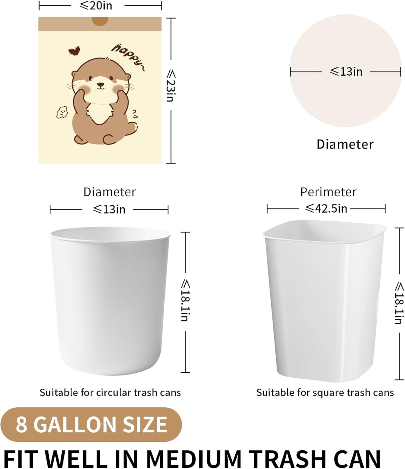 VOK 8 Gallon Trash Bags with Otters Printed, Drawstring Medium Garbage Bags, Tear-Resistant & Odor-Control Kitchen/Bathroom Trash Can Liners, Trash Bags 8 Gallon Drawstring with Secure Tie, 55 Counts