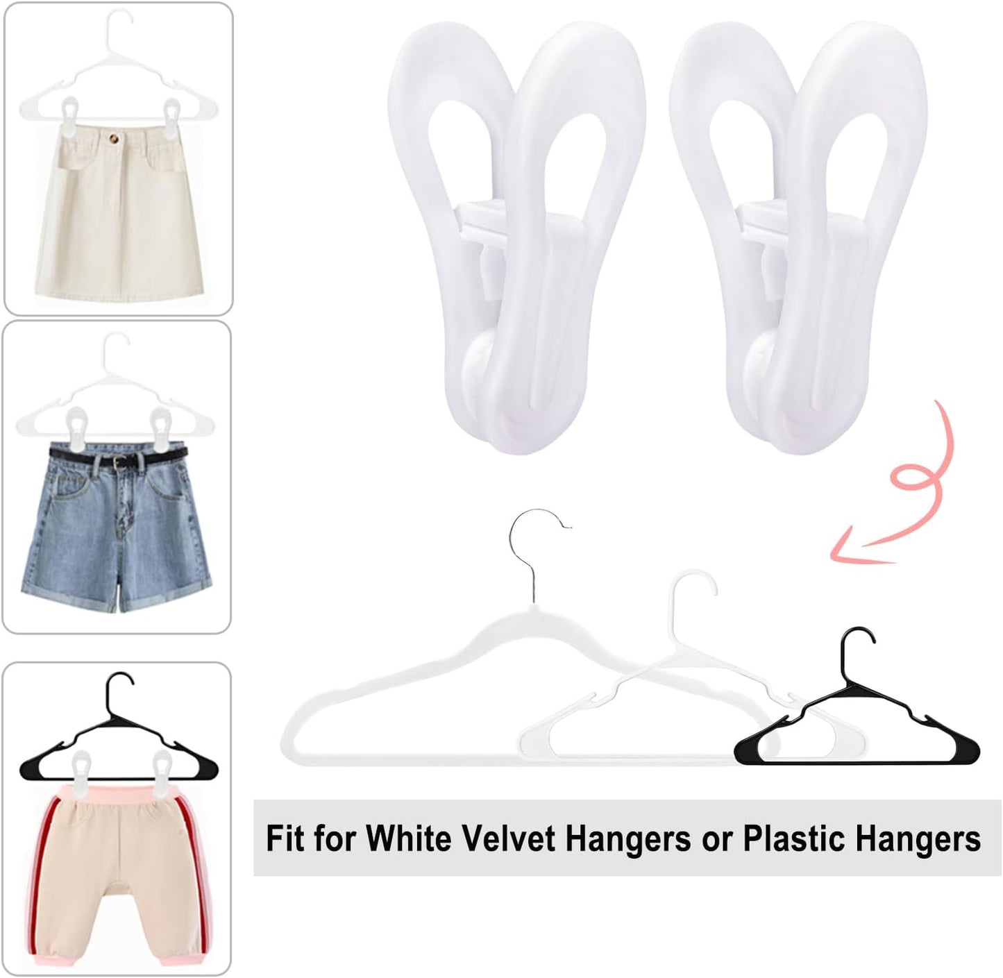 White Hanger Clips 60 Pack, Multi-Purpose Plastic Hangers Clips Perfect for Plastic Velvet Hangers, Clothes Pins Finger Clip for Skirt Pants