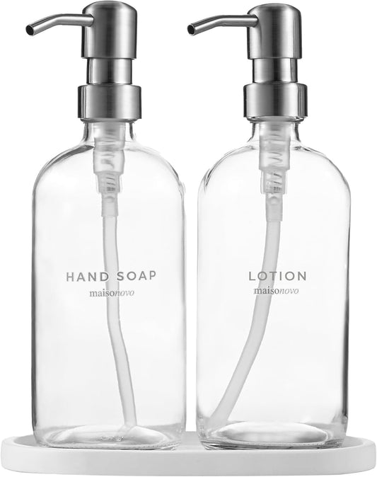 MaisoNovo Soap Dispenser 3-Piece Set | 16.9oz Clear Bottles with Silver Stainless Steel Pumps