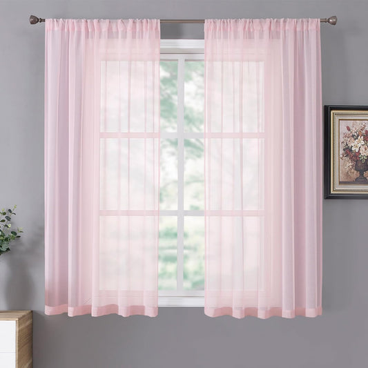 Tollpiz Short Sheer Curtain Linen Textured Bedroom Curtains Sheer Light Filtering Rod Pocket Voile Curtain for Living Room, 54 x 54 inches Long, Pink, Set of 2 Panels
