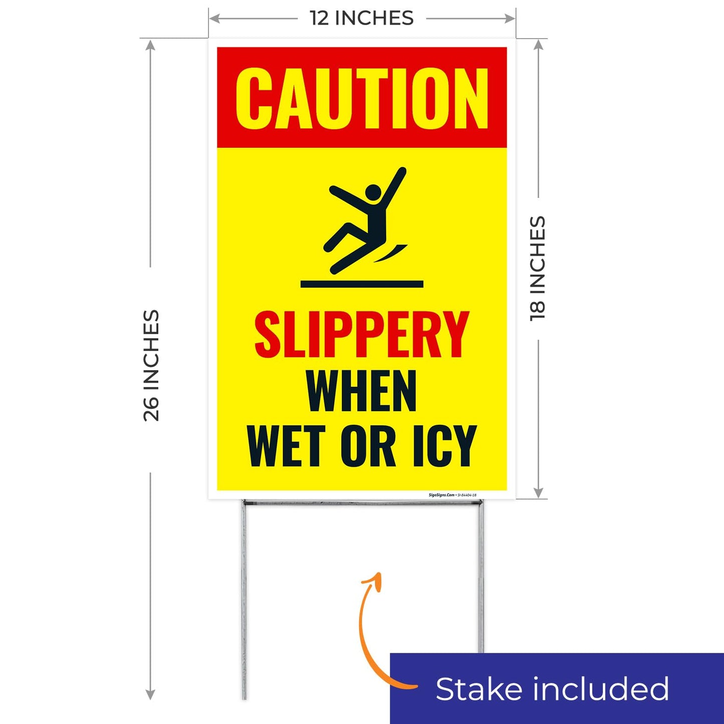 Caution Slippery When Wet or ICY Sign, (SI-84404) (4 Pack) Double Sided 12x18 Inches, Corrugated Plastic with Metal H Stake, Made in USA by Sigo Signs