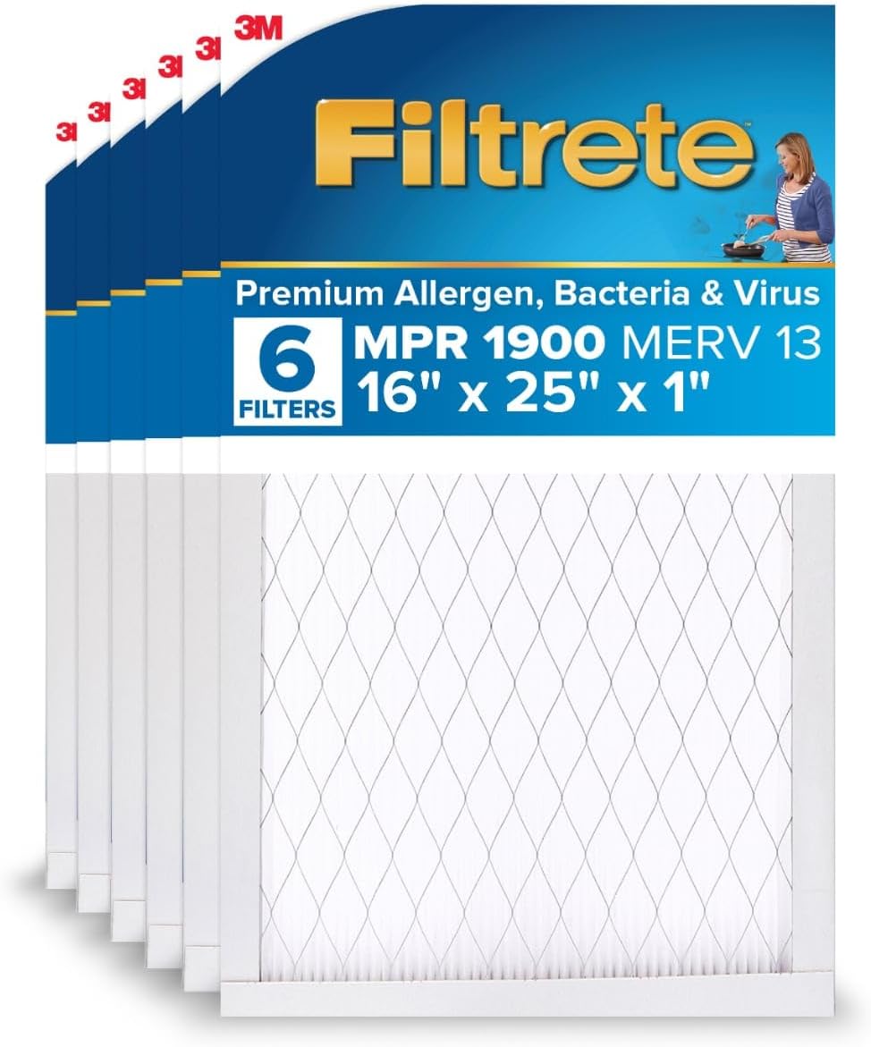 Filtrete 16x25x1 AC Furnace Air Filter, MERV 13, MPR 1900, Premium Allergen, Bacteria & Virus Filter, 3-Month Pleated 1-Inch Electrostatic Air Cleaning Filter, 6-Pack (Actual Size 15.69x24.69x0.78 in)
