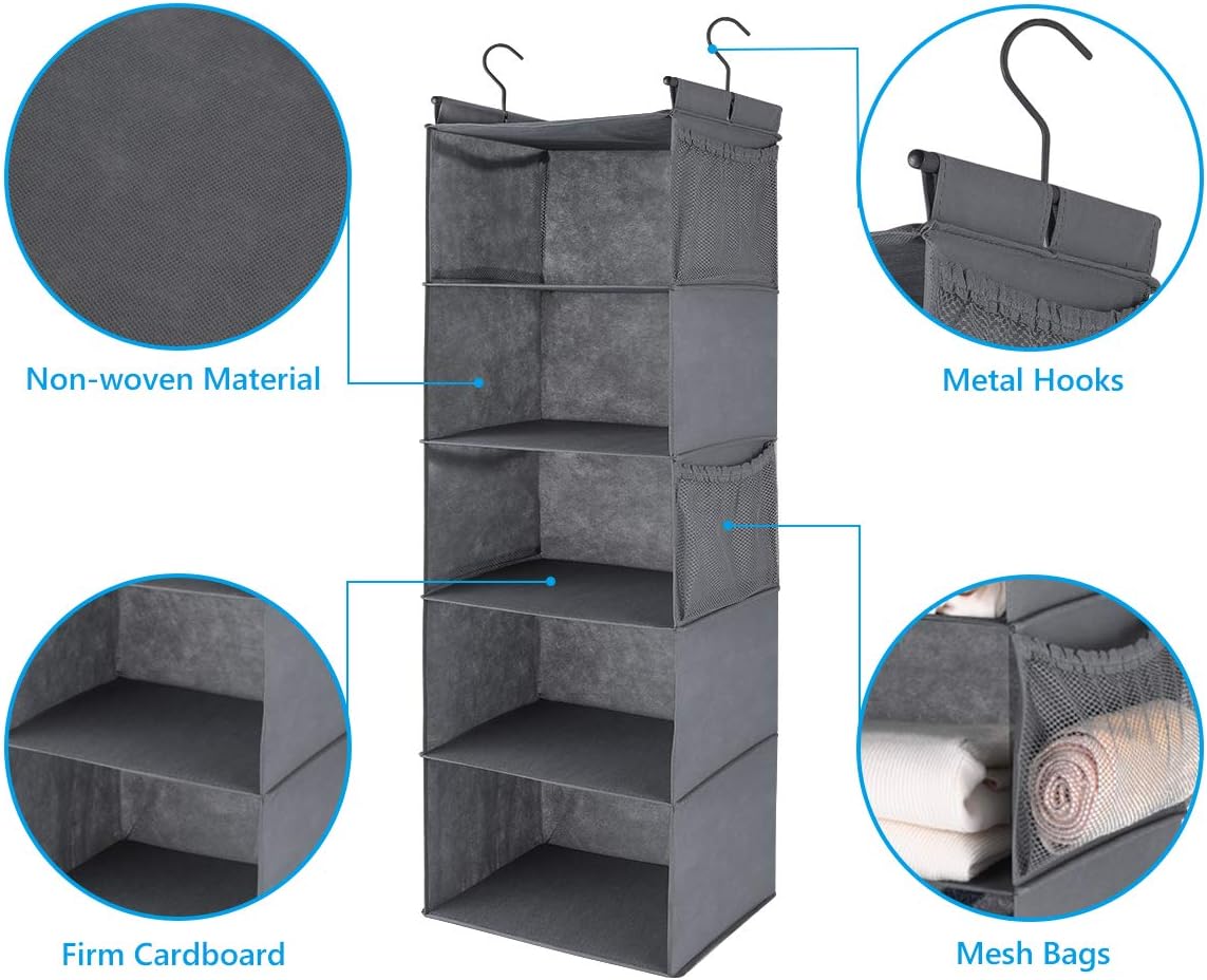 MAX Houser 5 Shelf Hanging Closet Organizer, Space Saver, Cloth Hanging Shelves with 4 Side Pockets, Foldable, Grey