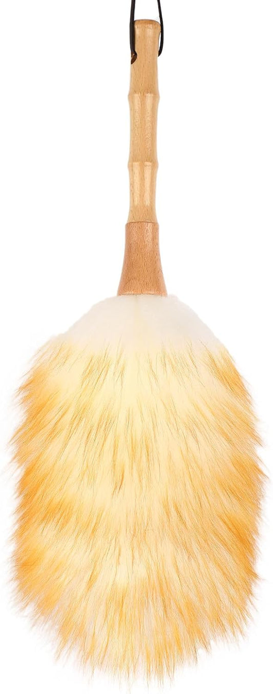 Feather Duster, Lambswool Duster for Cleaning,with Solid Wooden Handle,Leather Hang Strap,Anti-Static 14.9 inch Washable Reusable Small Hand Duster(Natural) for Office, Home and Car