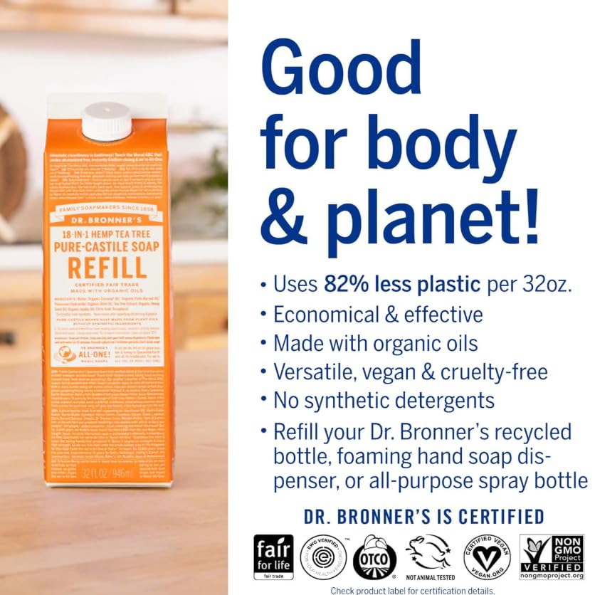 Dr. Bronner's Magic Soap-Pure-Castile Liquid Soap Refill (Tea Tree, 32 ounce, 2-Pack)-Regenerative Organic Certified Oils, For Body, Hair, Laundry & Dishes, Concentrated, Vegan, Non-GMO