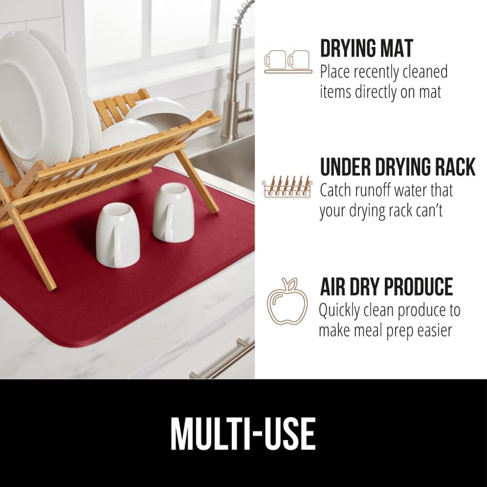 GORILLA GRIP Ultra Water Absorbent Microfiber Dish Drying Mat, Quick Dry Thick Mesh, Slip Resistant Pad for Sink Dishes or Under Rack, Kitchen Counter Accessories, 16x18, Machine Wash, 2 Pack Red