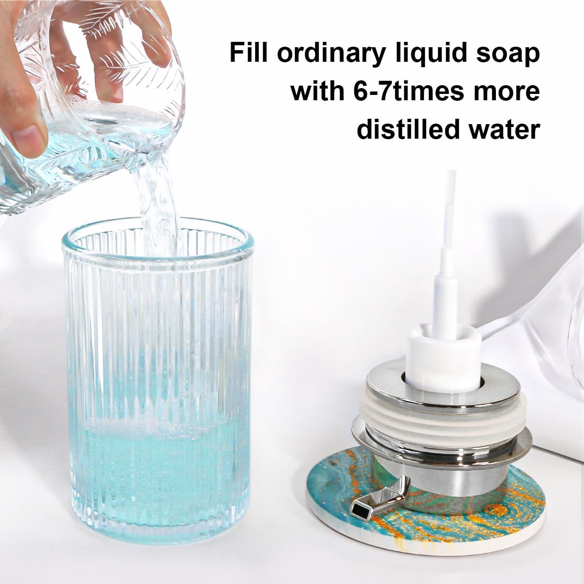 Clear Foaming Soap Dispenser, 12 Oz Glass Foaming Hand Soap Dispenser with Silver Pump, Bathroom Refillable Liquid Lotion Container Pump Ribbed Bottle for Kitchen Bathroom Decor, 1pc