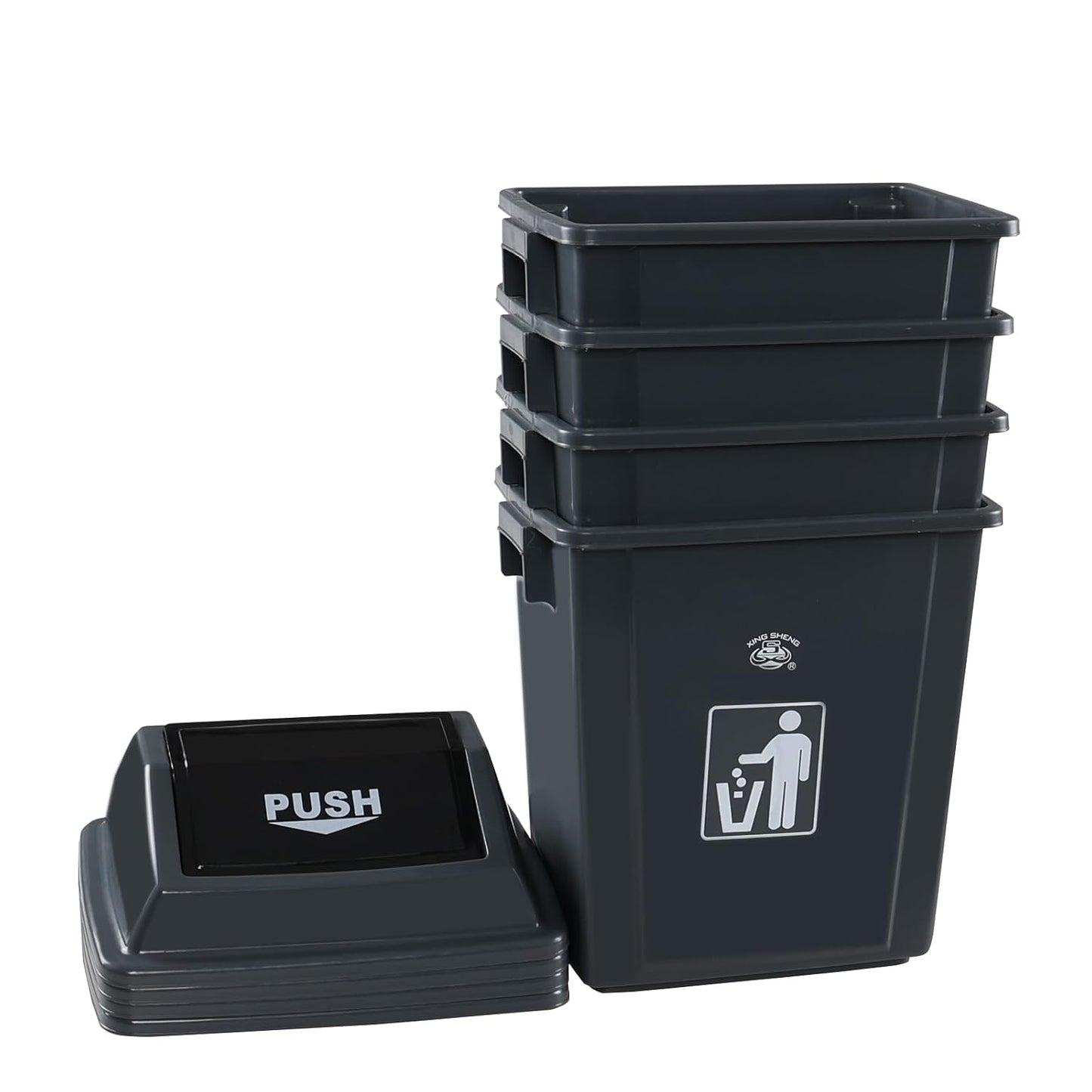 6 Gallon Plastic Swing Top TrashBin/Garbage Can, Lidded Wastebasket Trash Can for Kitchen, Garage, Office, Grey (4 Pack)