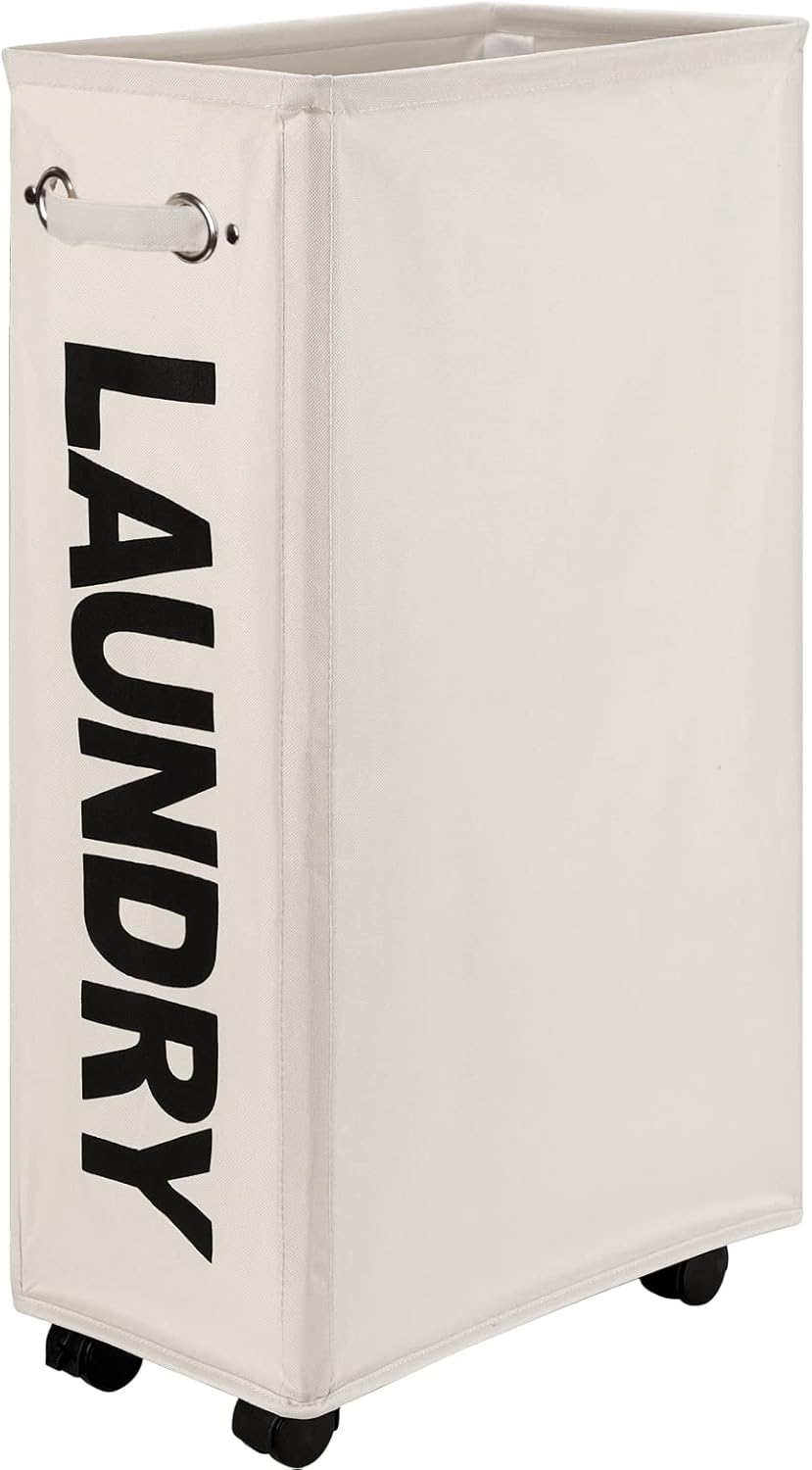 DOKEHOM 29-Inches Enlarged Slim Laundry Basket with Removable Wash Bag on Wheels, Collapsible Rolling Laundry Hamper, Foldable Narrow Corner Clothes Storage Bins (Beige)