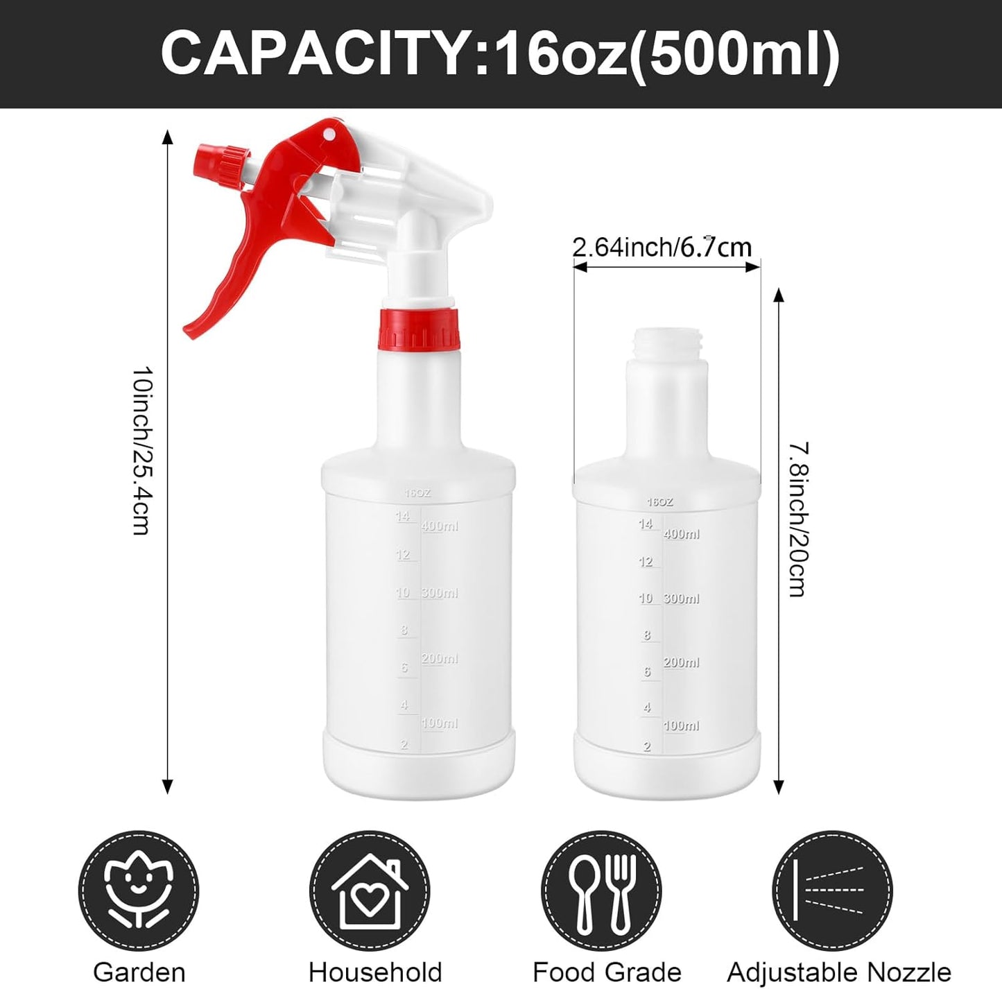 Eccliy 12 Pcs 16 Oz Plastic Spray Bottle, Adjustable Empty Reusable Sprayer for Cleaning, Planting, Water, Bathroom and Kitchen, BBQ, Commercial and Residential(Red,Measurements)