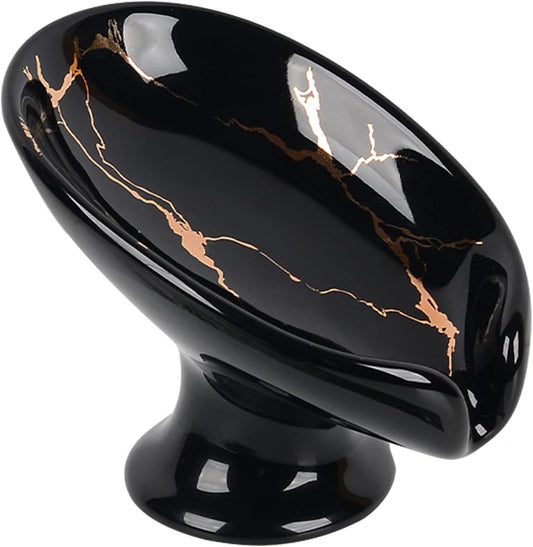 Soap Dish, Ceramic Soap Holder Self Draining Leaf Shape Bar Soap Holder, Marble Look Black Drain Soap Dish Holder for Bathroom, Easy to Clean Keeps Soap Dry, ANTIS'S HOME