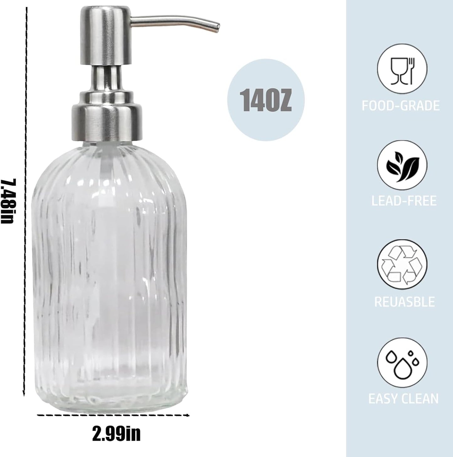 14Oz Clear Soap Dispenser Bathroom, Glass Hand Soap Dispensers with Stainless Steel Pump, Refillable Dish Soap Dispenser for Kitchen, Countertop Soap Dispensers