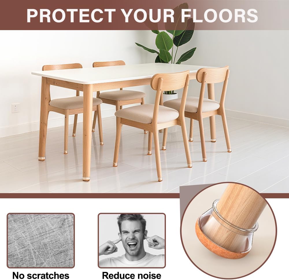Chair Leg Floor Protectors Round Chair Leg Protectors for Hardwood Floors Silicone Caps Felt Furniture Pads Covers Anti-Scratch Reduce Noise 16 Pack Clear Round X-Large Fit 1-1/2" to 2" (38-50mm)