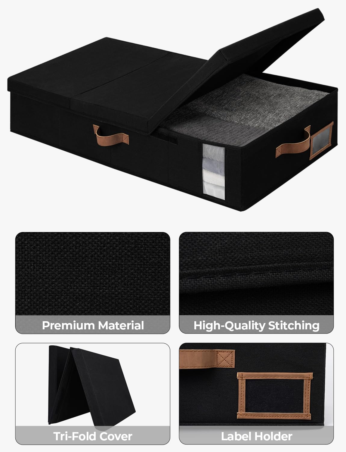 StorageWorks Under Bed Storage with Lid, Underbed Storage Containers with Handles, Underbed Organizer for Bedroom, Foldable Clothing Storage Bins, Box for Blankets, Jumbo, Black, 2-Pack