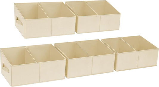 DIMJ Closet Storage Bins, 5 Pack Storage Baskets for Shelves, Foldable Closet Organizer with Handle, Linen Closet Organizers and Storage for Clothes, Toys, Towel, Books (Beige)