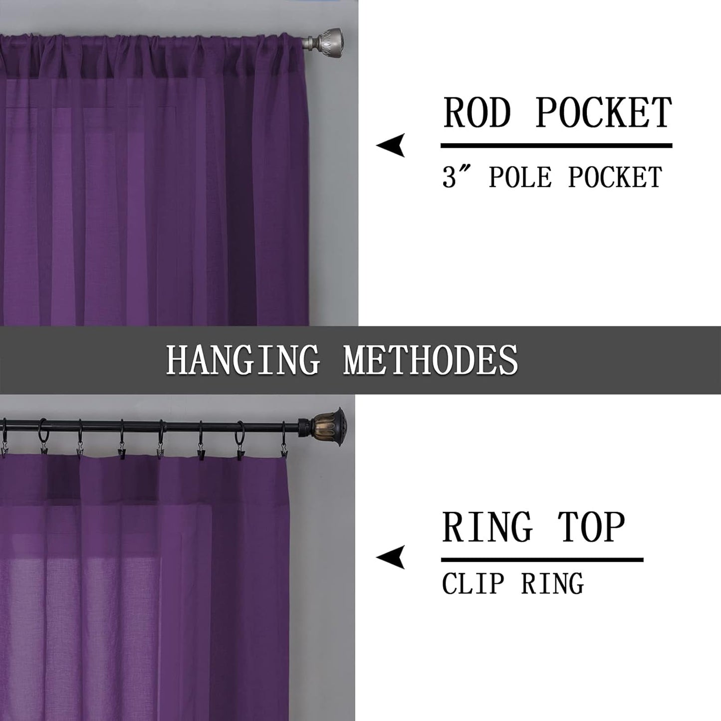 Tollpiz Short Sheer Curtains Linen Textured Living Room Curtain Sheers Light Filtering Rod Pocket Voile Curtains for Bedroom, 42 x 45 inches Long, Royal Purple, Set of 2 Panels
