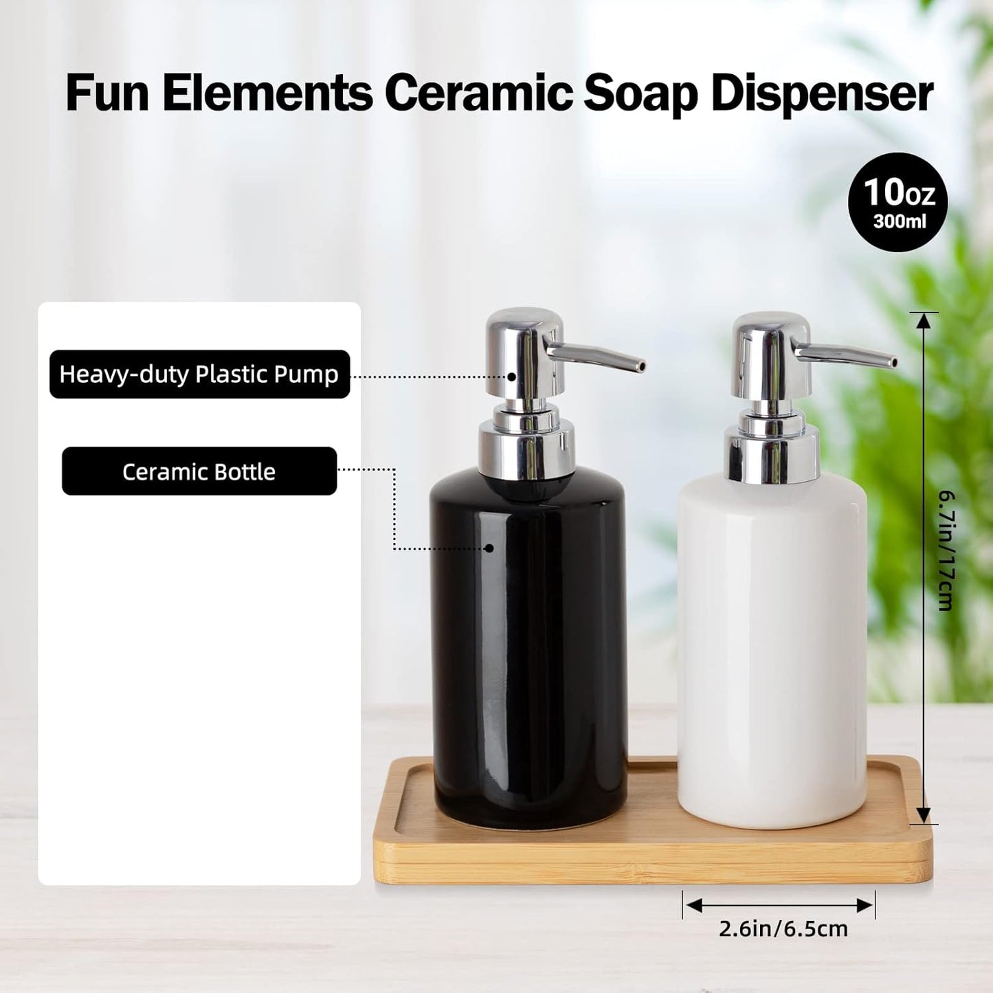 FE Soap Dispenser, 300ml/10oz Ceramic Liquid Soap Pump Dispenser, Refillable Dish Soap Dispenser for Kitchen Bathroom Washroom (Black)