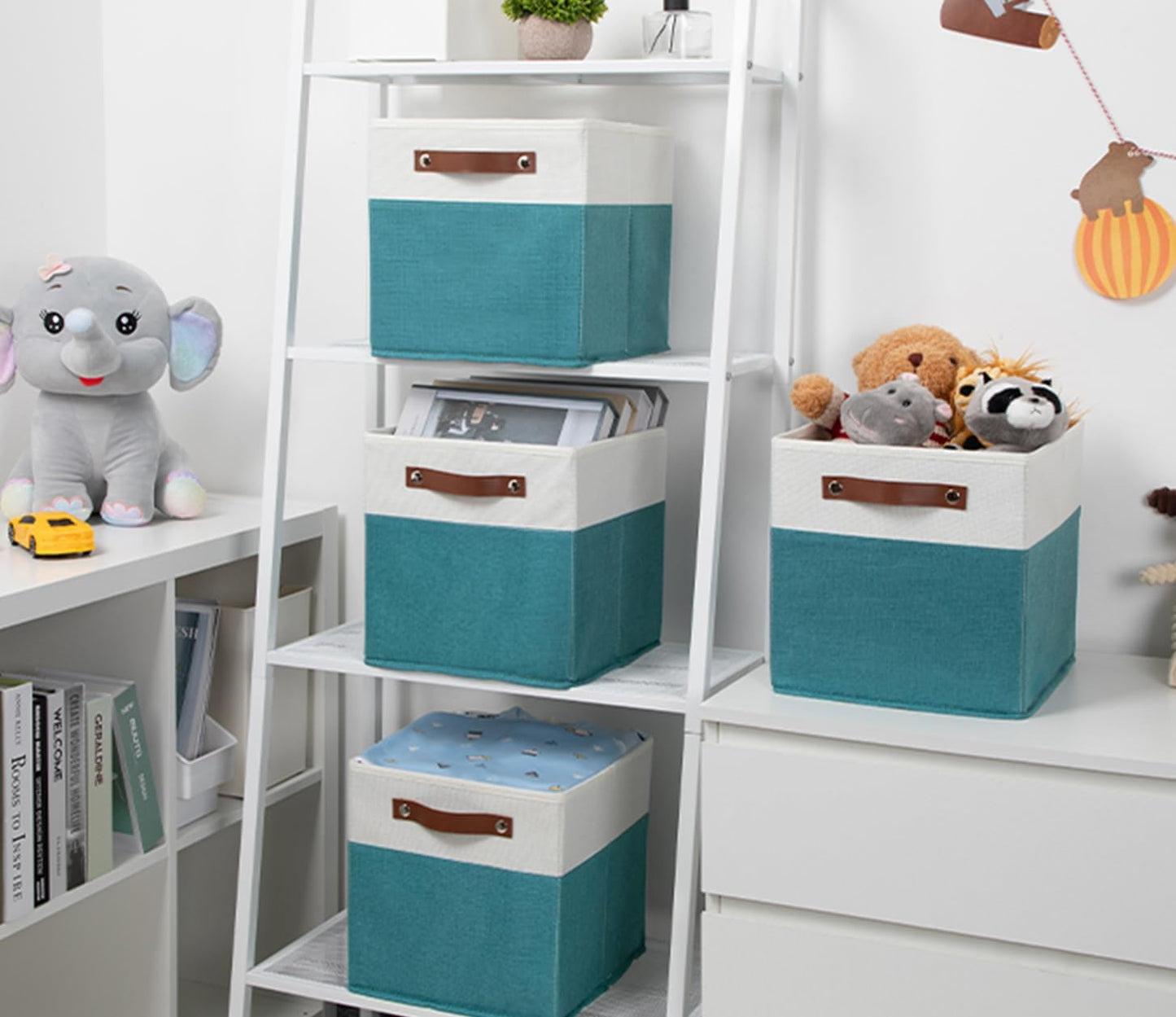HNZIGE Fabric Storage Cube Bins Baskets for Organizing, 11 inch Cube Storage Bins, Set of 4, Collapsible Storage Bin with Handles, Closet Organizers and Storage Home Toy Nursery Bedroom(White Teal)