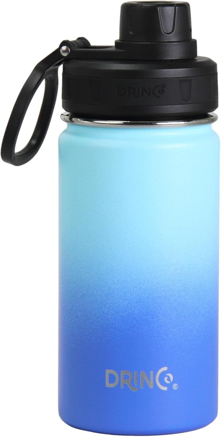 DRINCO Stainless Steel Water Bottle Spout Lid Vacuum Insulated Double Wall Water Bottle Wide Mouth (40oz 32oz 22oz 18oz 14oz) Leak Proof Keeps Cold or Hot (14 oz, 14oz Morning Sky Blue)