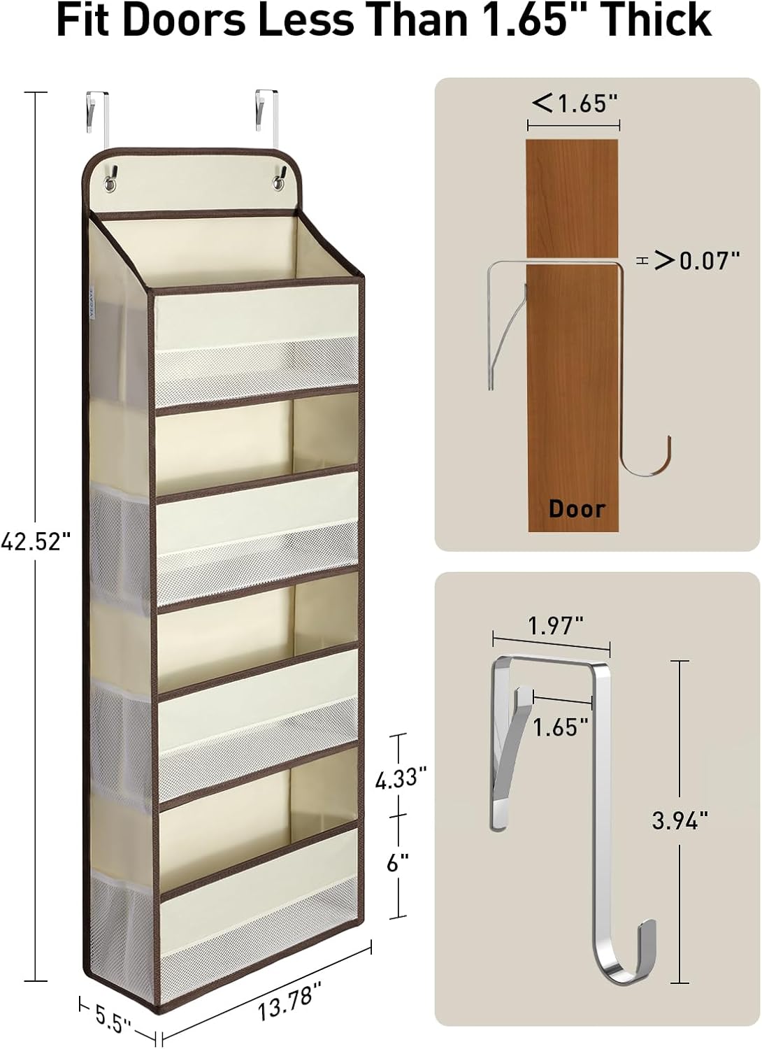 Yecaye Hanging Over the Door Organizer 1 Pack, 35.2lbs Load Toy Stuffed Animal Storage, Swing-proof Bathroom Organizers and Storage for Nursery Newborn Baby Essential Stuff Beige