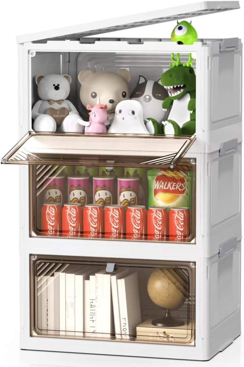 AHEONLAR 144 Quart 3 Tier Plastic Storage Bins with Lid - Foldable Stackable Storage Bins with Doors - Closet Organizers and Storage - Plastic Drawer Storage for Bedroom StudToy Room Office（48QT×3）