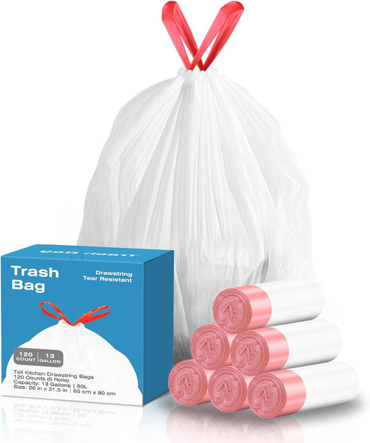 13.2 Gallon Tall Kitchen Drawstring Trash Bags, 120 Count Pre-separated Garbage Bags, Unscented, Leak Proof, Waste Bag for Kitchen, Office, Home