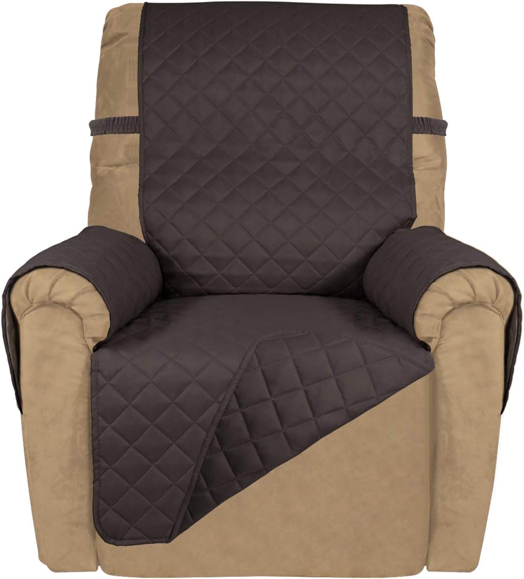 PureFit Reversible Quilted Sofa Cover, Water Resistant Slipcover Furniture Protector, Washable Couch Cover with Non Slip and Elastic Straps for Kids, Dogs, Pets (Small Recliner, Chocolate/Chocolate)