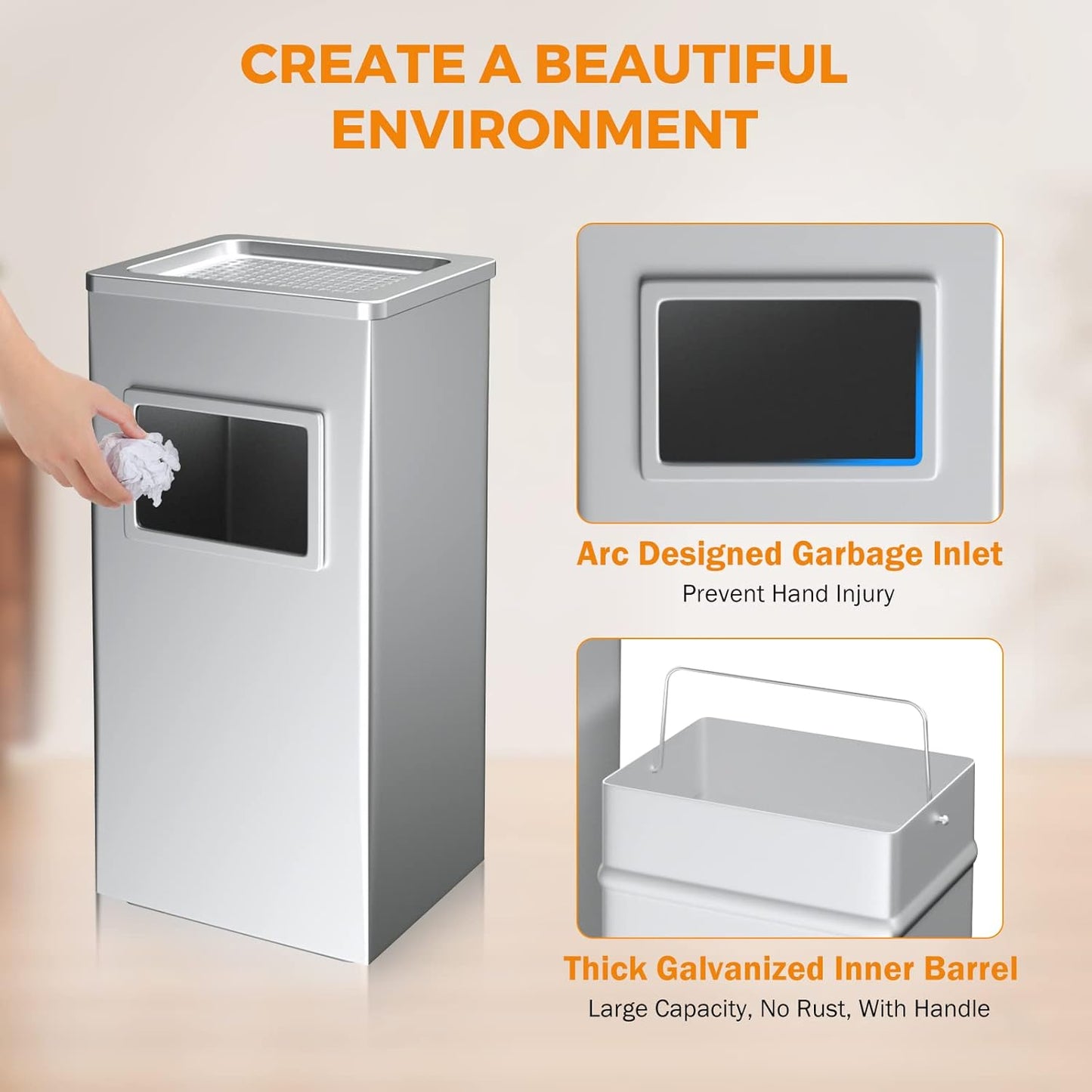 BEAMNOVA Trash Can Indoor Outdoor Metal Stainless Steel Commercial Garbage Can Industrial Garbage Enclosure Inside Cabinet with Lid Waste Container, Color Metallic, 31*25*61 cm / 12.2*9.8*24 in