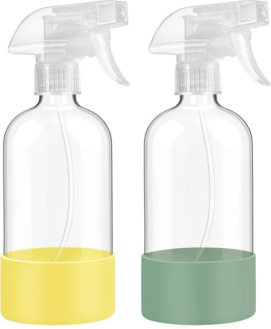 Glass Spray Bottles with Silicone Sleeve Protection, 16 oz Empty Refillable Containers, Reusable Spray Bottles with Adjustable Nozzle for Hair, Cleaning Solutions,Plants , 2 Pack Olive Green&Yellow