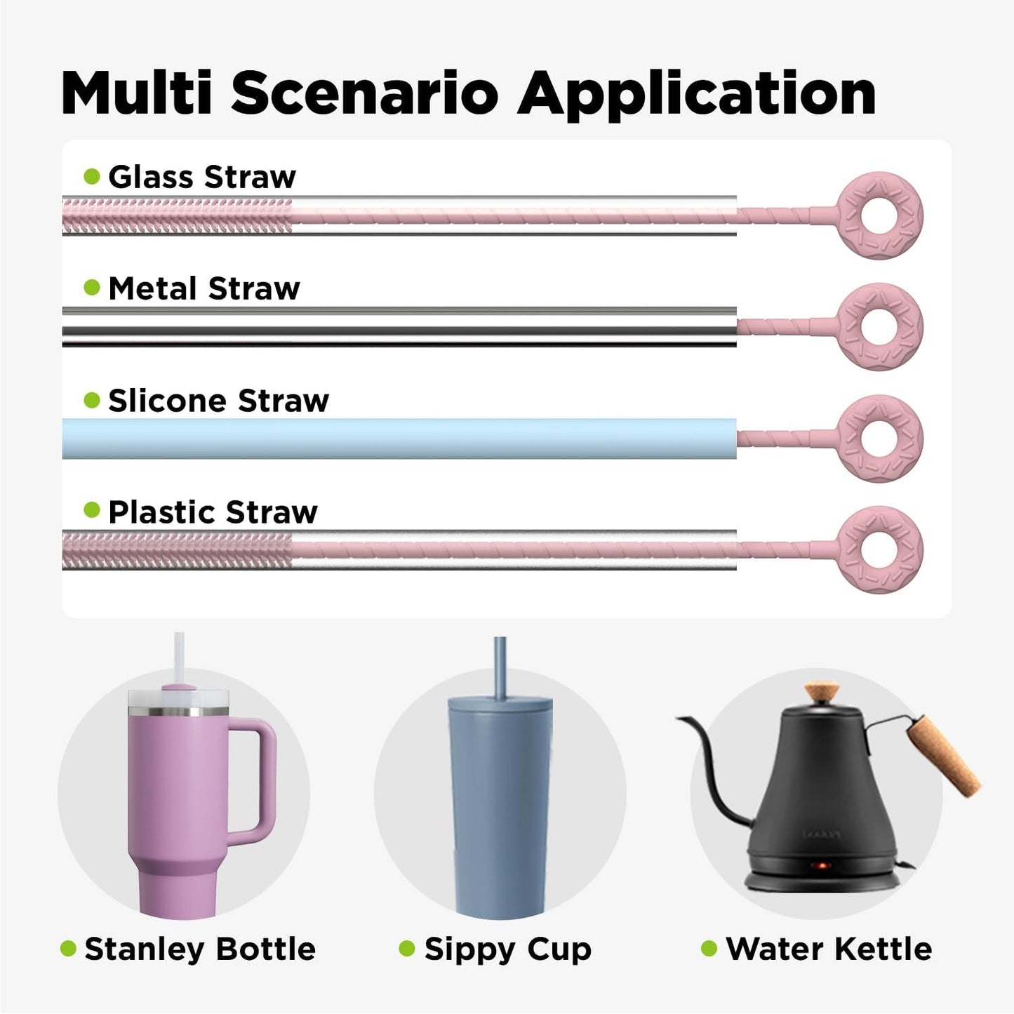 2 Pcs Silicone Straw Cleaner Brush, Extra Long Cleaning Brushes for Straws, 6mm&9mm, Pink
