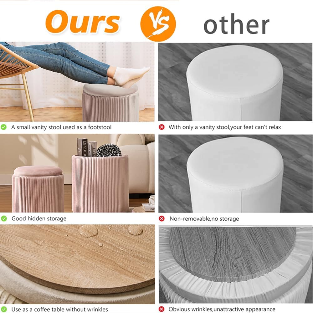 Round Set of 2 Ottoman with Storage-Upholstered Velvet Vanity Stool for Makeup Multifunctional Ottomans Coffee Table Padded Seat Foot Rest for Living Room&Bedroom (Pink)