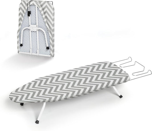 Folding Ironing Board for Small Space, RAINHOL Mini Collapsible Ironing Boards, with Hook, Iron Rest, Heat-Resistant 100% Cotton Cover and Pad, Gray and White Stripes, 31" x 12", Steel Mesh