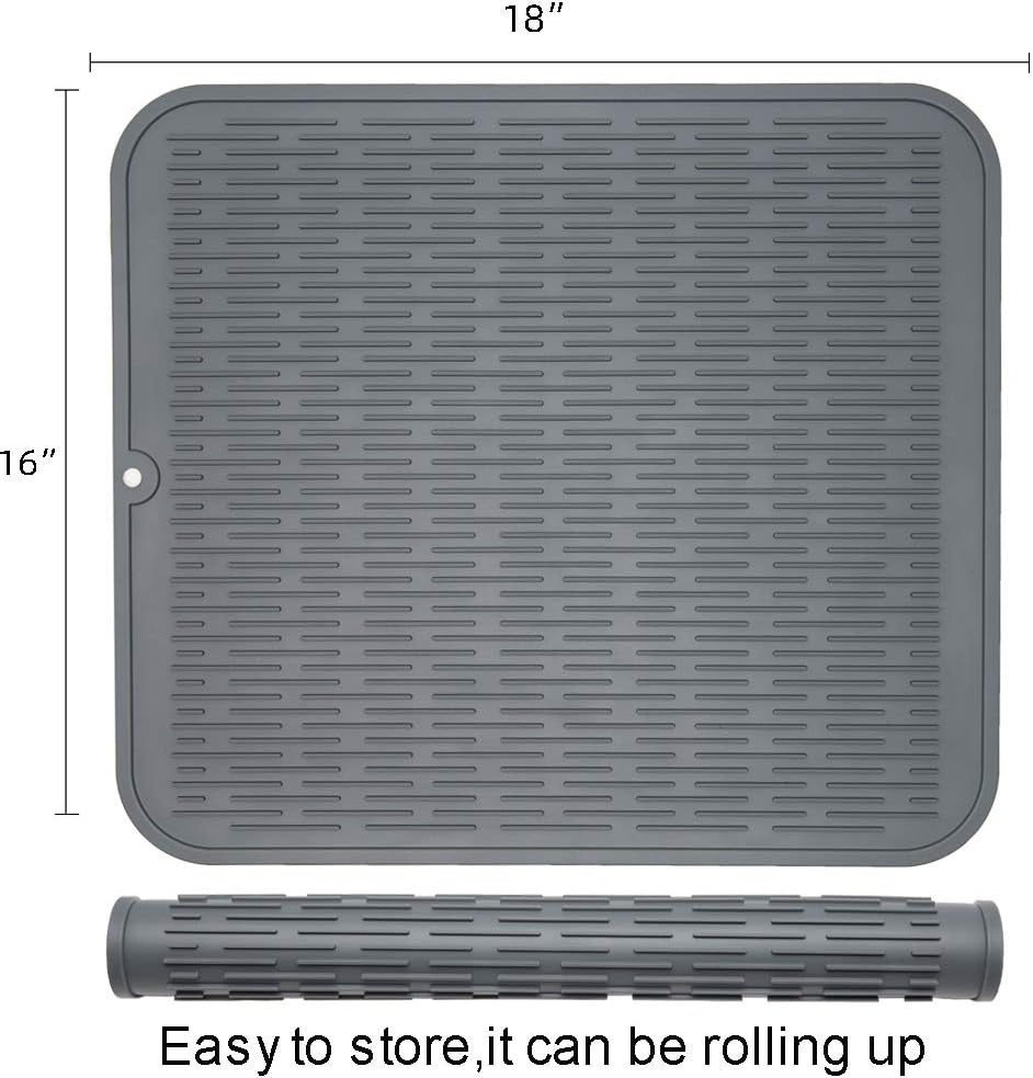 ZLR 2 Pcs Silicone Dish Drying Mats for Kitchen Counter, Eco-Friendly Fast Dry Dish Mat, Easy Clean Multi Usage Drying Matt, Heat Resistant Trivet, 16" x 18" XL, Gray