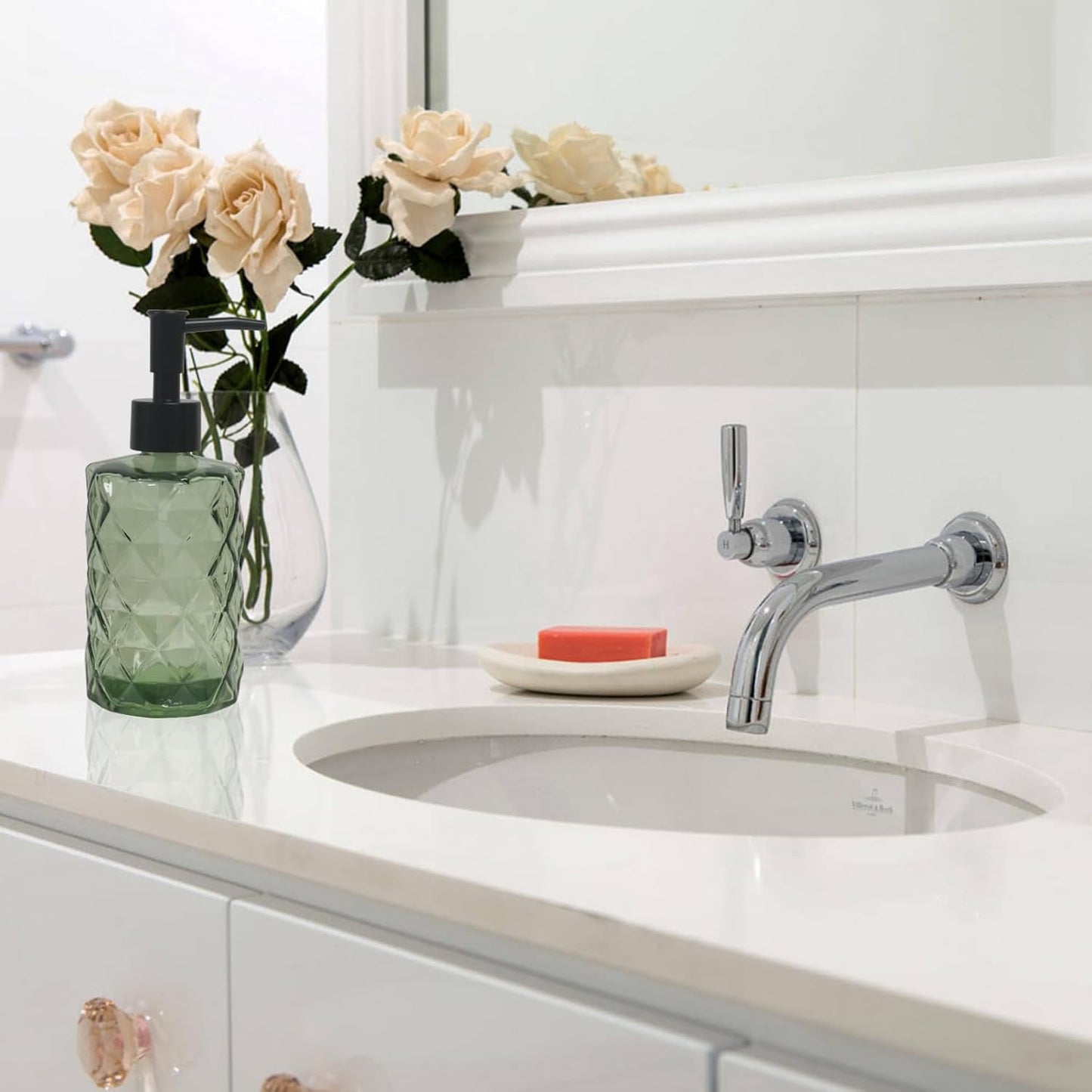 Green Glass Soap Dispenser, 12oz Bathroom Hand Dispenser, Lotion Dispenser with Black Plastic Pump for Modern Home Decor, Kitchen Countertop, Hotel