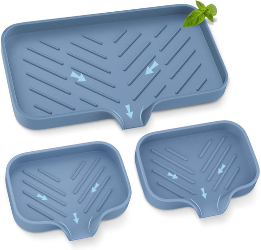 Silicone Sink Tray, Self-Draining Kitchen Soap Tray, Premium Silicone Soap Holder for Bathroom, Kitchen Counter Sink Caddy Organizer