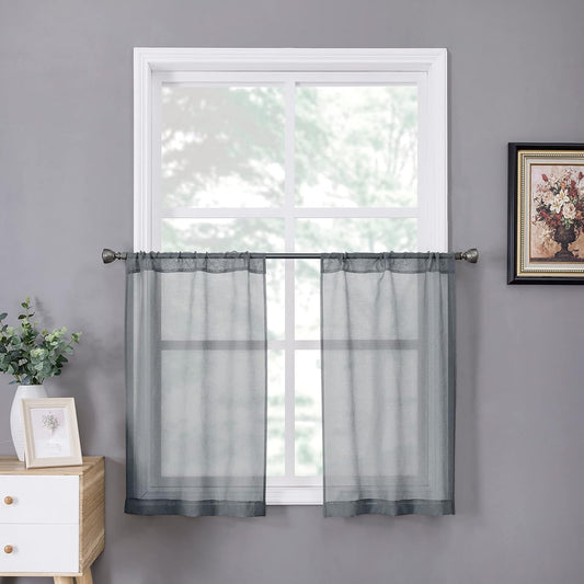 Tollpiz Sheer Tier Curtain Linen Textured Half Kitchen Curtains Sheer Light Filtering Rod Pocket Voile Small Curtains for Bathroom, 25 x 36 inches Long, Dark Grey, Set of 2 Panels