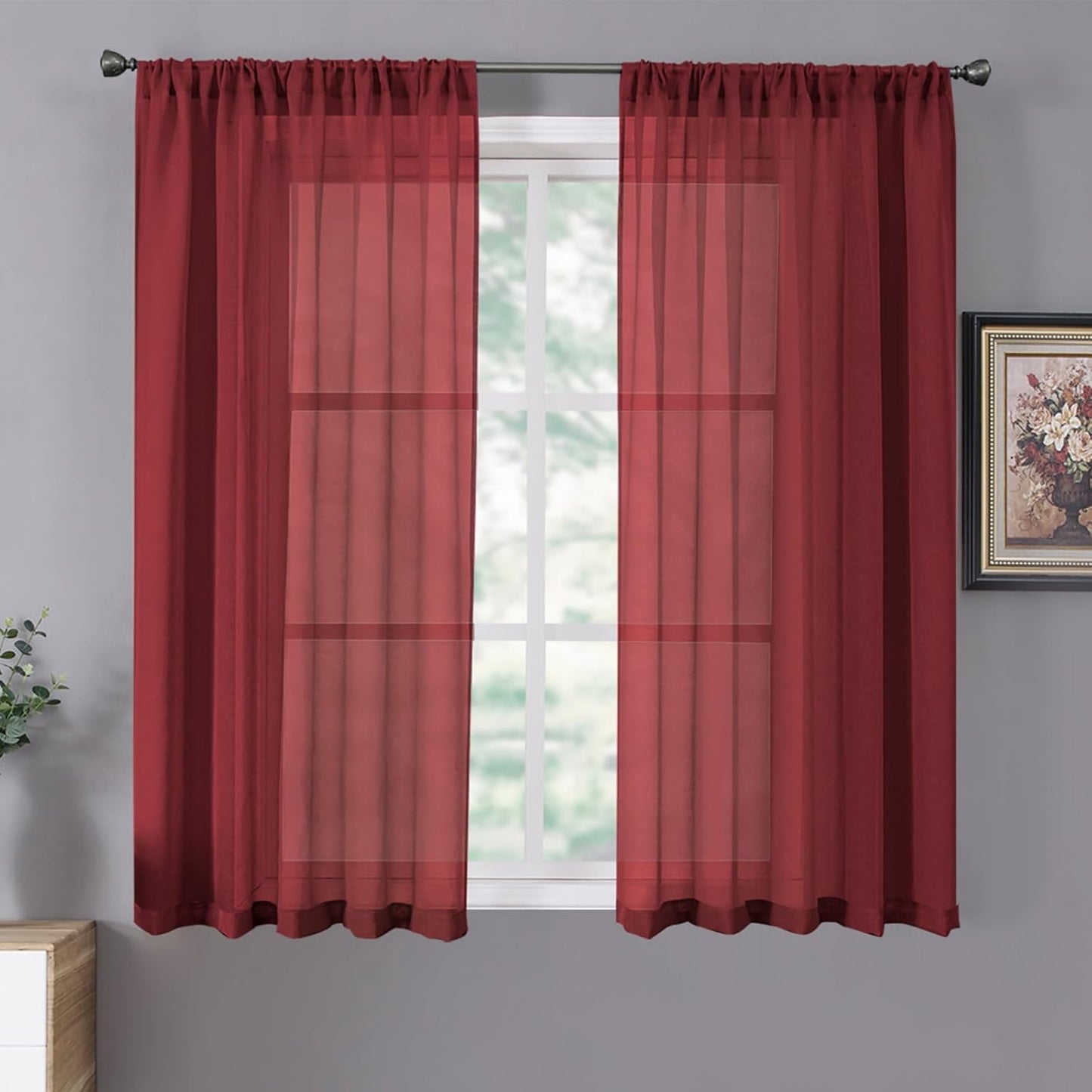 Tollpiz Short Sheer Curtain Living Room Linen Textured Curtains Sheer Light Filtering Voile Rod Pocket Curtain for Bedroom, 38 x 54 inches Long, Burgundy Red, Set of 2 Panels