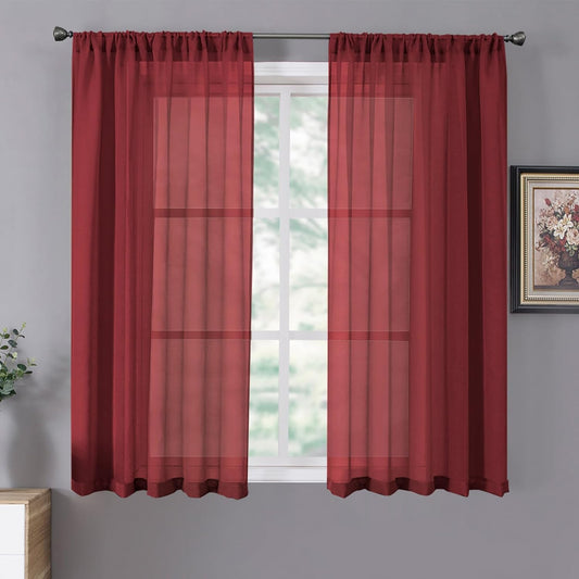Tollpiz Sheer Curtains Linen Textured Bedroom Curtain Sheers Light Filtering Rod Pocket Voile Curtains for Living Room, 54 x 63 inches Long, Burgundy Red, Set of 2 Panels