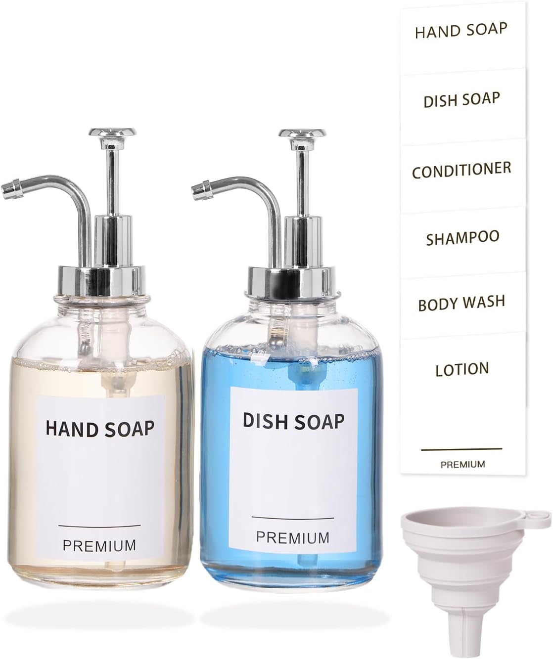 12oz Dish Soap Dispenser for Kitchen, Hand Glass Soap Dispenser Set with Pump, Tray, Funnel for Bathroom, Shower, Laundry, Liquid, Lotion (Silver 2 Pack Clear Bottles with 12 Stickers)