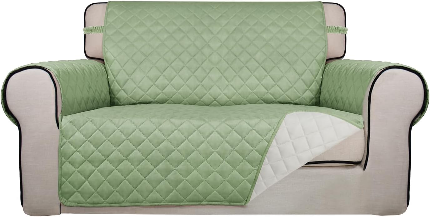 PureFit Reversible Quilted Sofa Cover, Water Resistant Slipcover Furniture Protector, Washable Couch Cover with Non Slip and Elastic Straps for Kids, Dogs, Pets (Loveseat, Sage Green/Ivory)