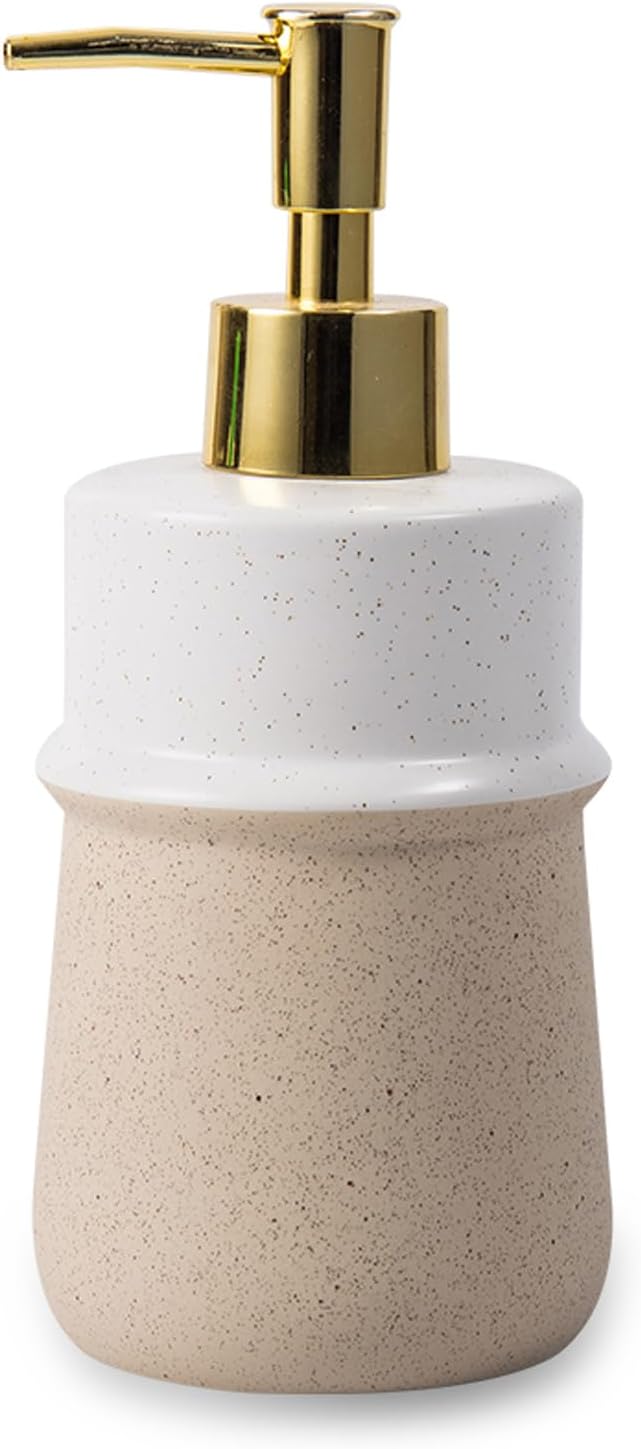 Beige Ceramic Soap Dispenser for Kitchen, Refillable Hand Dispenser with Rust Proof Stainless Steel Pump, 12Oz Lotion Dispenser Bathroom for Dish Soap, Hand soap.