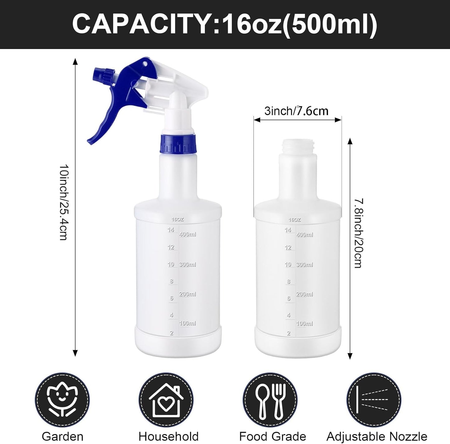 Eccliy 12 Pcs 16 Oz Plastic Spray Bottle, Adjustable Empty Reusable Sprayer for Cleaning, Planting, Water, Bathroom and Kitchen, BBQ, Commercial and Residential (Multicolored,Measurement)