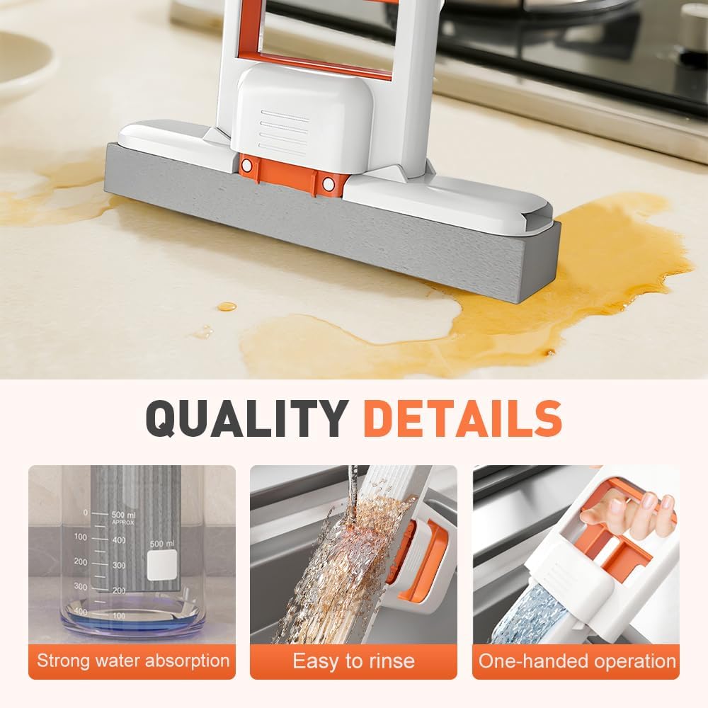 Mini Foldable Desktop Mop, Wet and Dry Portable Cleaning Sponge Mop,Self Squeezing Mini Sponge Mop with One Replaceable Head,for Small Spaces,Bathroom,Kitchen,Glass (Orange/2pcs)