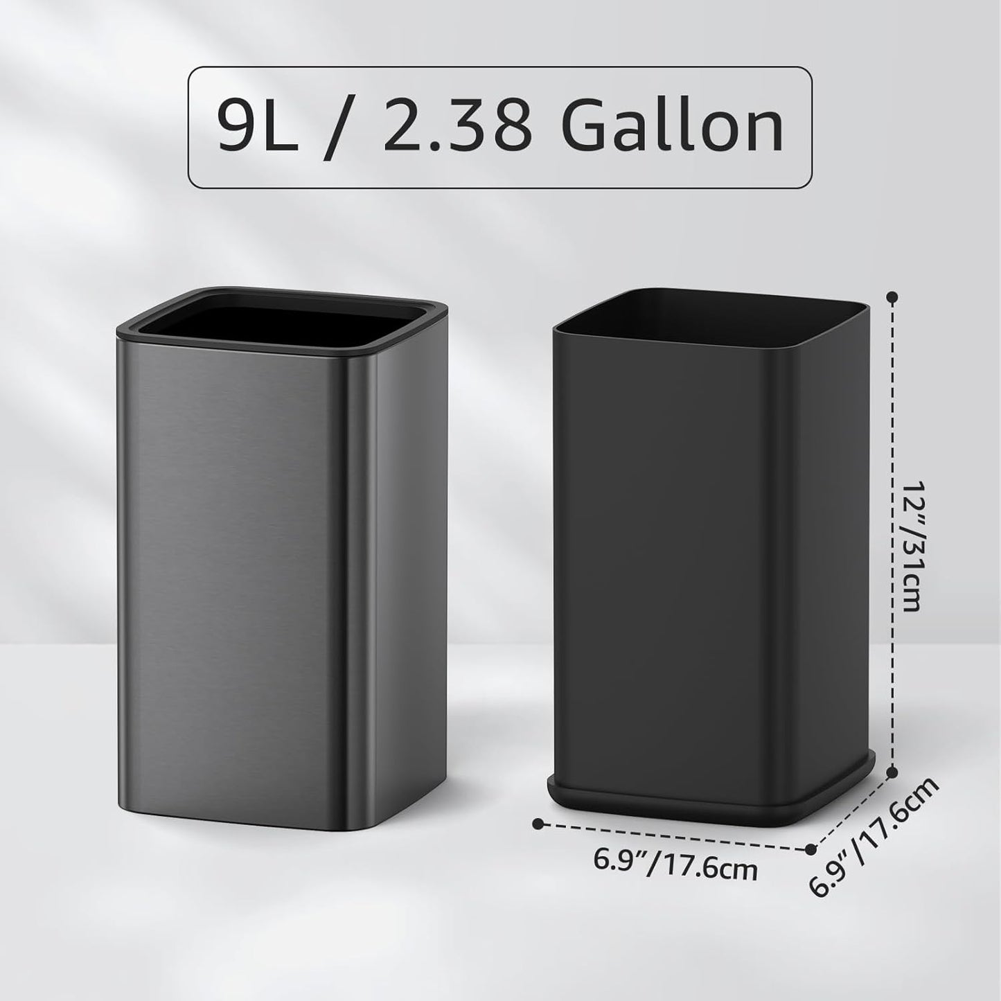 Mbillion 2.4 Gal (9L) Stainless Steel Open - Top Trash Can with Removable Inner Bucket - Sleek Metal Small Waste Basket for Bathroom Office,Brushed Black