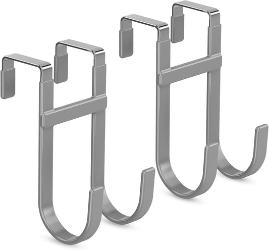FYY Over The Door Hooks - 2 Pack Heavy Duty Dual-Hook Organizer Hanger with Non-Slip Rubber for Towels, Clothes, Hats & Bags Use in Bathroom, Bedroom, Kitchen - Fits Interior Doors Up to 1 3/8" Grey