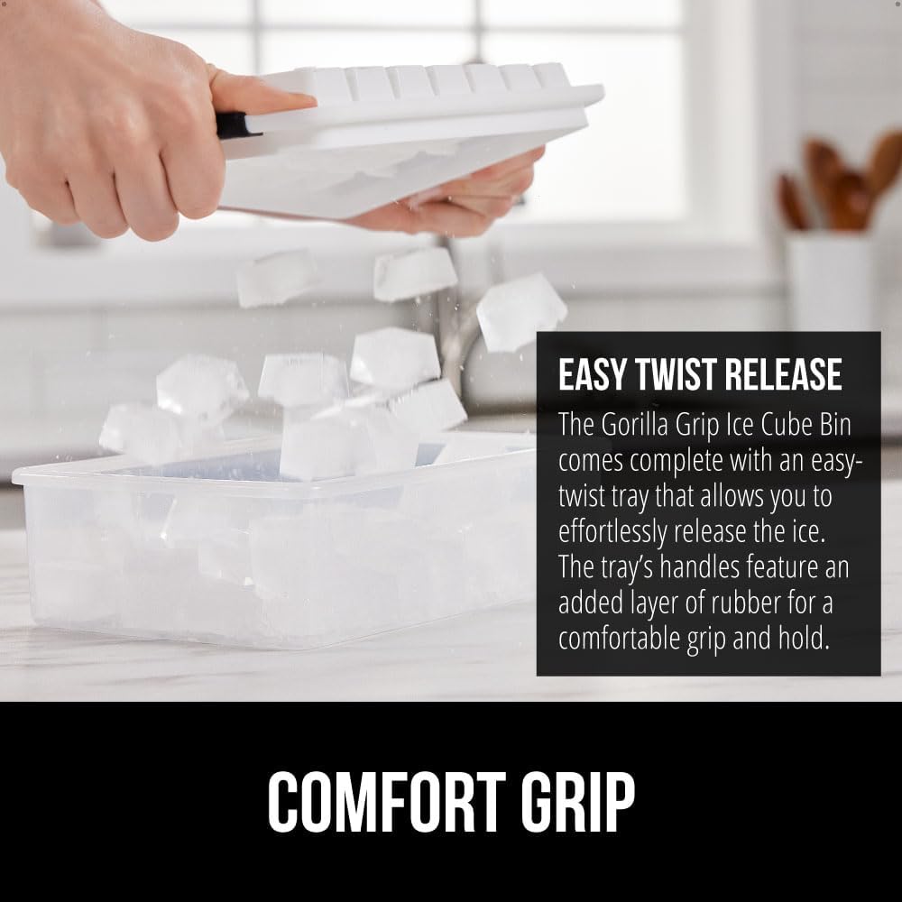 GORILLA GRIP Stackable Ice Cube Tray and Bucket Set for Freezer, Includes 2 Trays with Lid and Scooper, Easy Release, Makes 56 Cubes for Cocktail Soda Coffee, Leak Proof Bin Kit, Kitchen Tools, Black