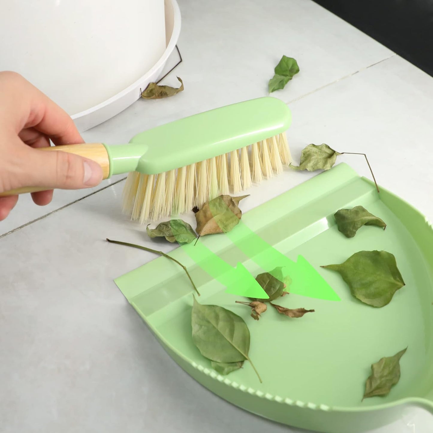 Dust Pan and Brush Set - Small Dustpan and Brush Set, Handheld Broom and Dustpan Set, Brush and Dust Pan Set for Car, Pet Care, Office, 14 x 8.7 inch, Green