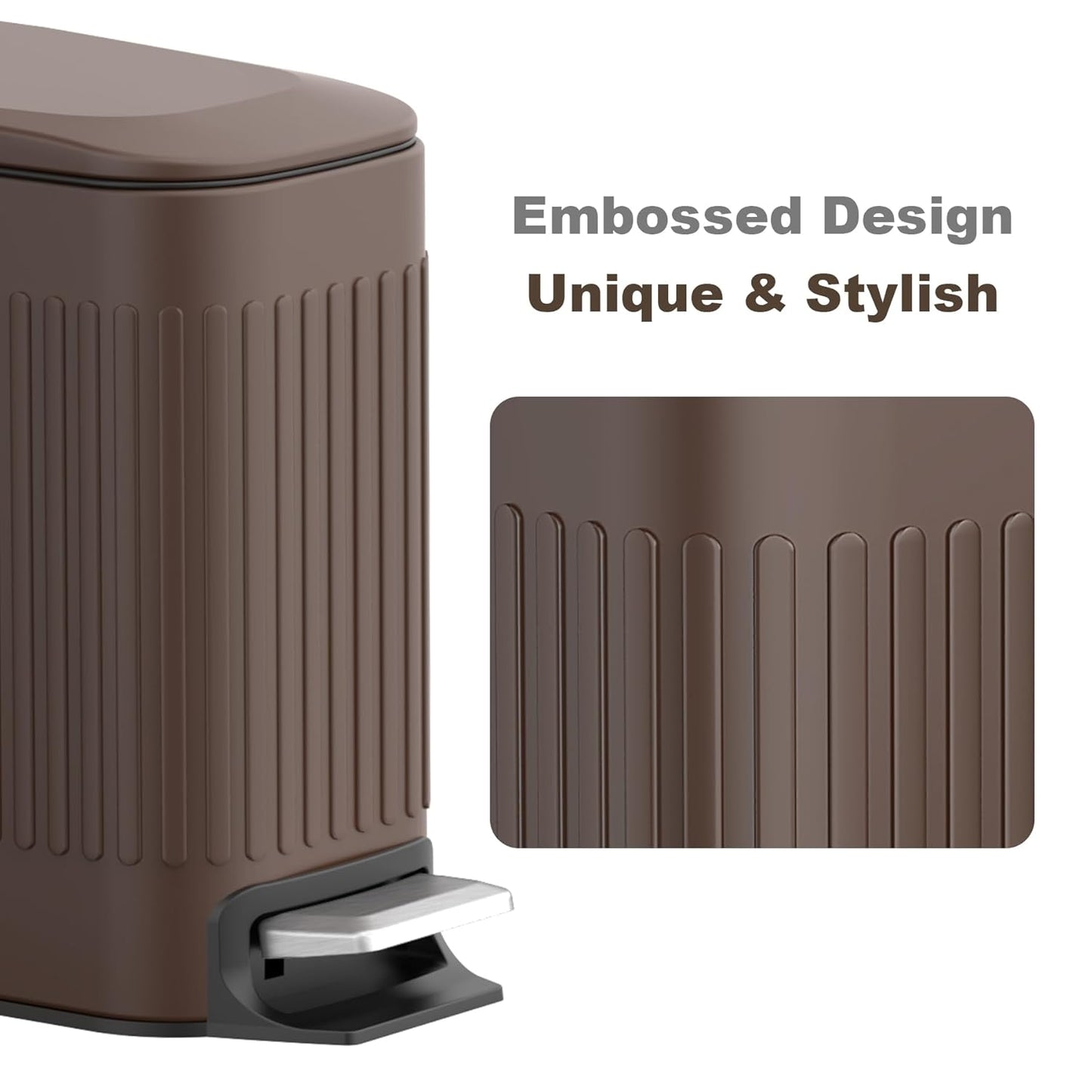 TrashAid Slim Bathroom Trash Can with Lid Soft Close, 6 Liter/1.6 Gallon Stainless Steel Small Garbage Can with Removable Inner Bucket, Step Pedal, Slim Wastebasket for Toilet, Office, Bedroom, Brown