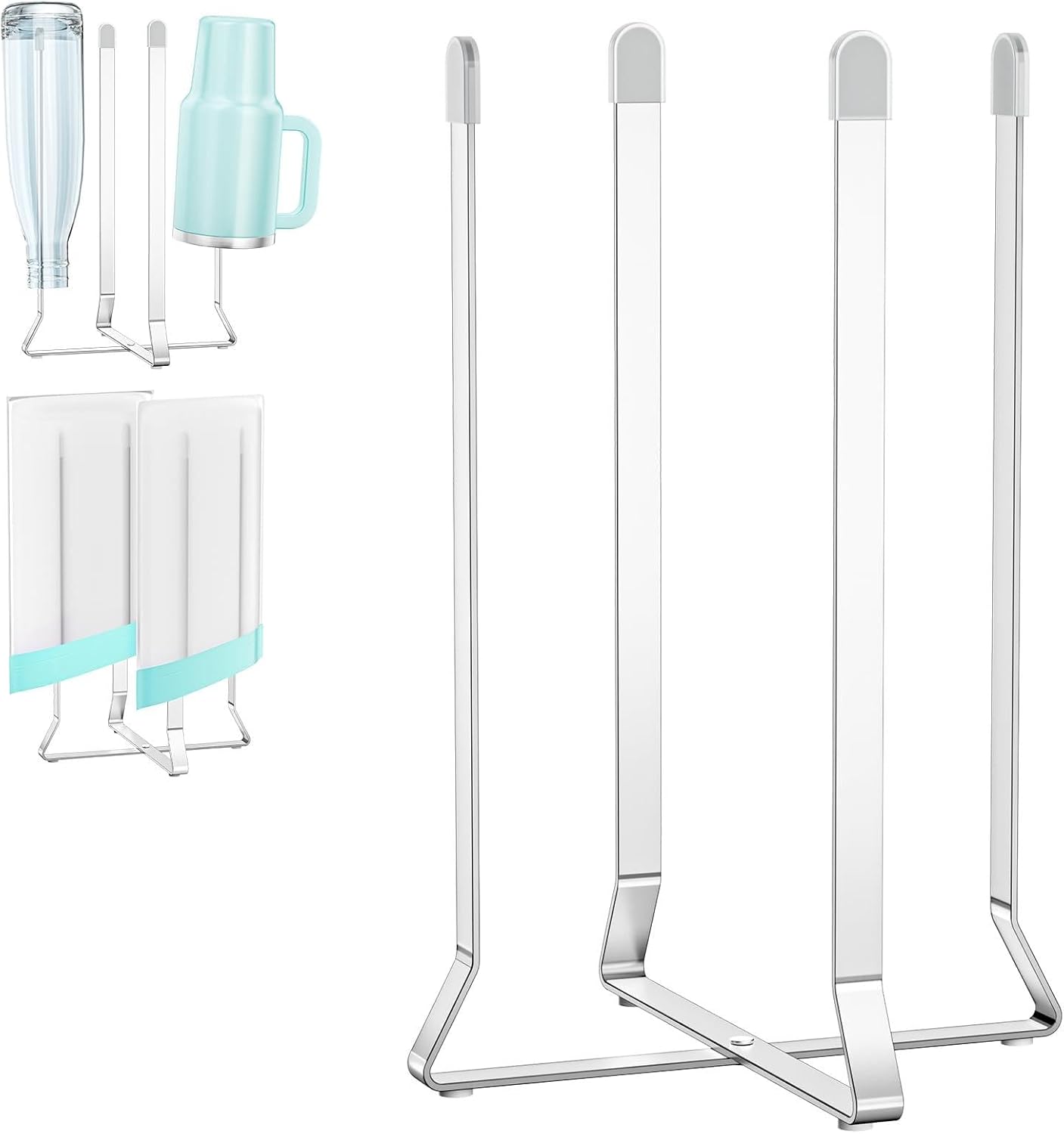 Bottle Drying Rack Reusable Drying Holder for Bottles Stainless Steel Foldable Water Bottle Dryer Rack Space Saving Baby Bottle Drying Rack Kitchen Stand Holder for Plastic Bags, Bottles and Cups