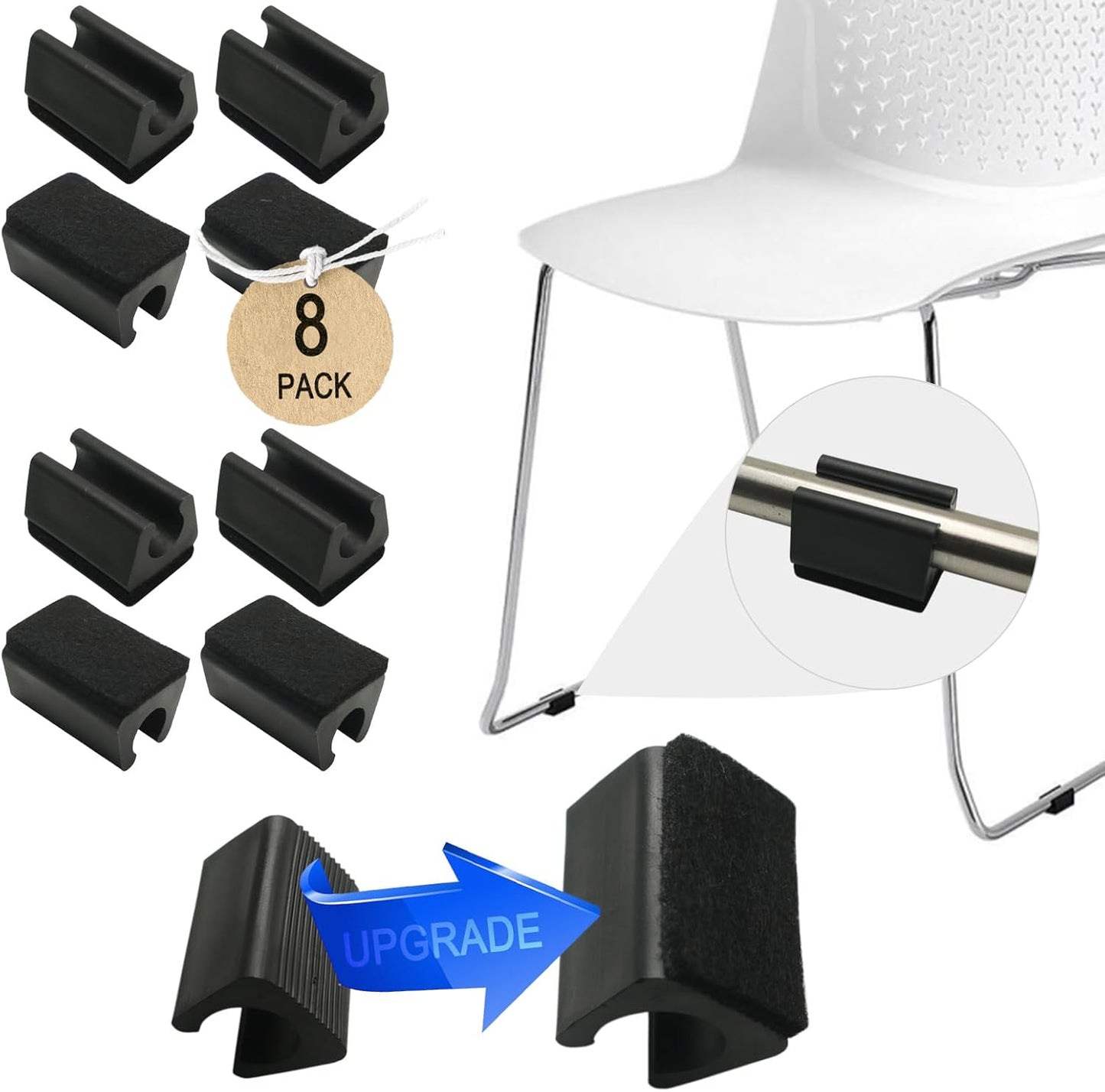 Rectangle U Shaped Chair Leg Tips Cap with Felt Pads,Furniture Feet Protectors Slide Smoothly Glides,Protect Hardwood Floor No Scratches No Noise,Fit 10mm(25/64inch) Diameter Tubular Legs (Black 8PCS)